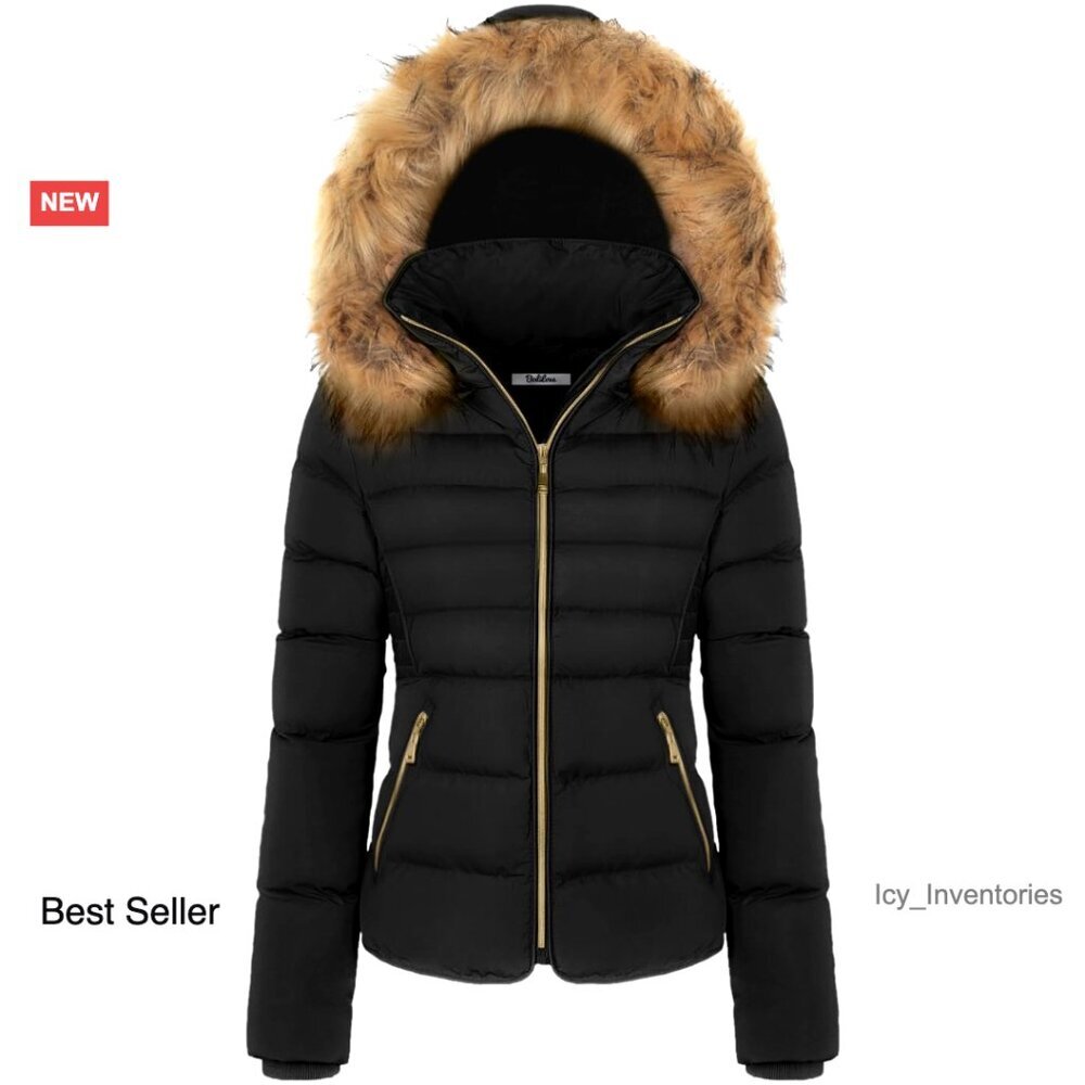 Faux Fur Hooded Puffer Jacket Fleece Lined Slim Fit Winter Coat Chic